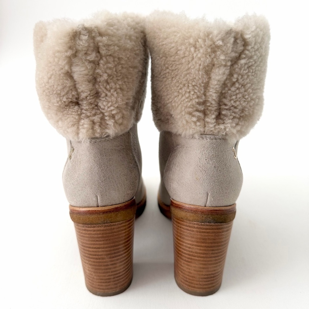 CHANEL | Beige Shearling Fur Suede Ankle Boots Heeled Booties CC Logo 37.5 - Picture 5 of 14